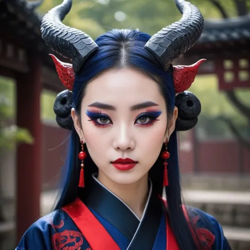 Prompt: Beautiful gothic Chinese dragon girl with horns, and pointed ears, wearing dark blue and black hanfu, and red eyeliner, and Gothic makeup