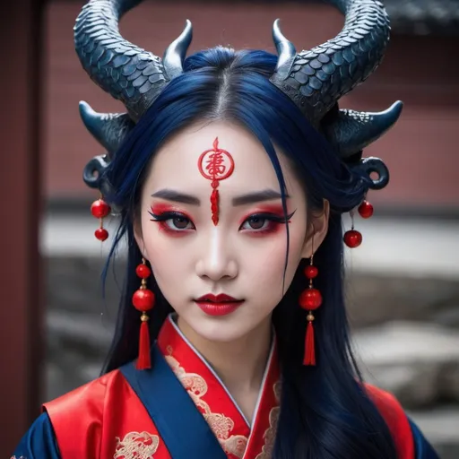 Prompt: Beautiful Chinese dragon girl with horns wearing dark blue hanfu and red eyeliner and Gothic makeup