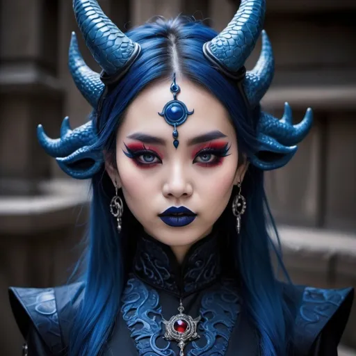 Prompt: Beautiful gothic Chinese dragon girl with horns, and pointed ears, wearing dark blue and black hanfu, and red eyeliner, and dark blue lipstick