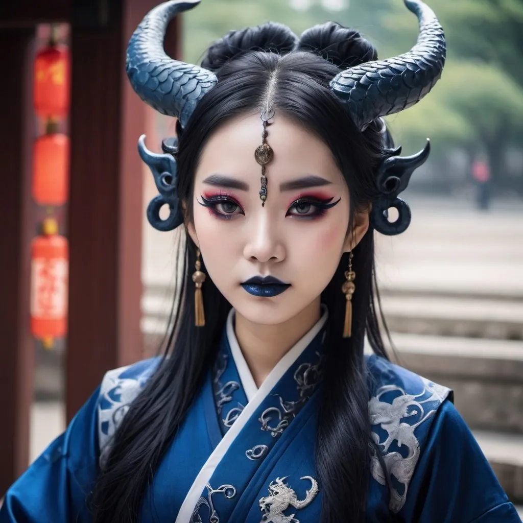 Prompt: Beautiful Chinese dragon girl with horns wearing dark blue hanfu and Gothic makeup