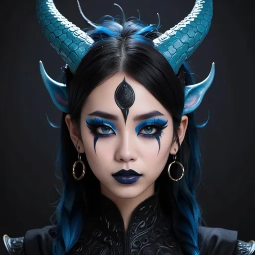 Prompt: Beautiful  Chinese dragon girl with horns, and pointed ears, wearing black hanfu with blue accents, and minimal red eyeliner, and very dark blue lipstick