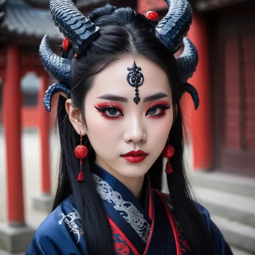 Prompt: Beautiful gothic Chinese dragon girl with horns, and pointed ears, wearing dark blue and black hanfu, and red eyeliner, and Gothic makeup