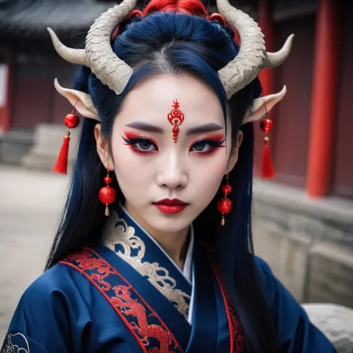 Prompt: Beautiful Chinese dragon girl with horns, wearing dark blue hanfu, and red eyeliner, and Gothic makeup