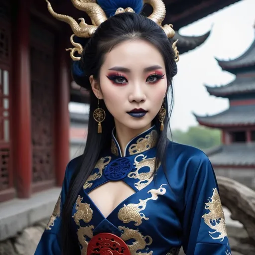 Prompt: Beautiful Chinese dragon girl wearing dark blue traditional Chinese dress and Gothic makeup