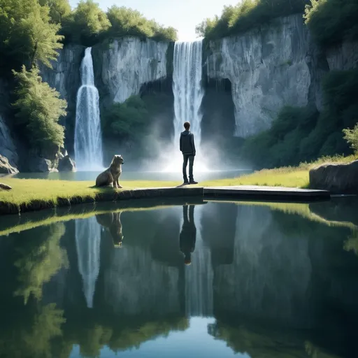 Prompt: A young man which is cyrobotic in a lake and a wide open waterfall standing near it watching his reflection of original self, as a normal person in a reflectin cyrobitic in real image, more saturation, hight contrast, animals around the area the man must be aside the lake, light must morning light