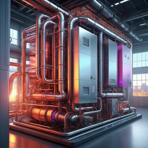 Prompt: (3D image of an industrial thermal heating system), futuristic design, sleek and modern elements, intricate machinery details, vibrant colors and metallic hues, cool tones with contrasting warm accents, high-tech atmosphere, dramatic lighting highlighting key features, ultra-detailed rendering, immersive background elements showcasing a futuristic setting, emphasizing innovation and efficiency.