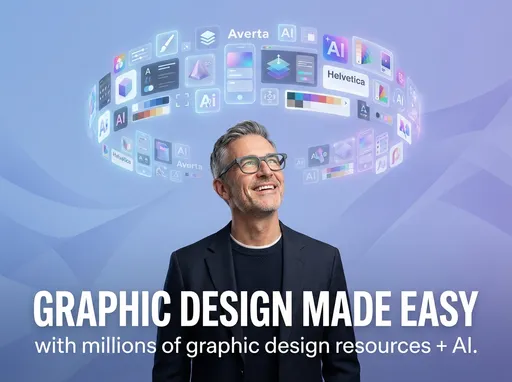 Prompt: Ultra-high-definition professional advertising design featuring a confident man in his early 50s, wearing stylish glasses, modern casual-professional outfit. He has an excited, inspired expression, looking upward with wonder and curiosity toward a floating visual universe of millions of graphic design resources ā icons, templates, mockups, typography samples, UI elements, illustrations, color palettes, and AI symbols subtly glowing above him. Futuristic yet clean aesthetic. Soft gradient background with depth and motion, premium studio lighting, cinematic composition, sharp focus on the man, ultra-realistic skin texture, crisp details.
Under the main visual, include bold professional typography text:
āGRAPHIC DESIGN MADE EASYā
Below it, in slightly lighter weight and smaller size:
āwith millions of graphic design resources + AI.ā
Clean layout, perfect spacing for ad creatives, modern SaaS branding style, high contrast, elegant composition. 8K resolution, ultra-detailed, commercial-ready, premium marketing visual.