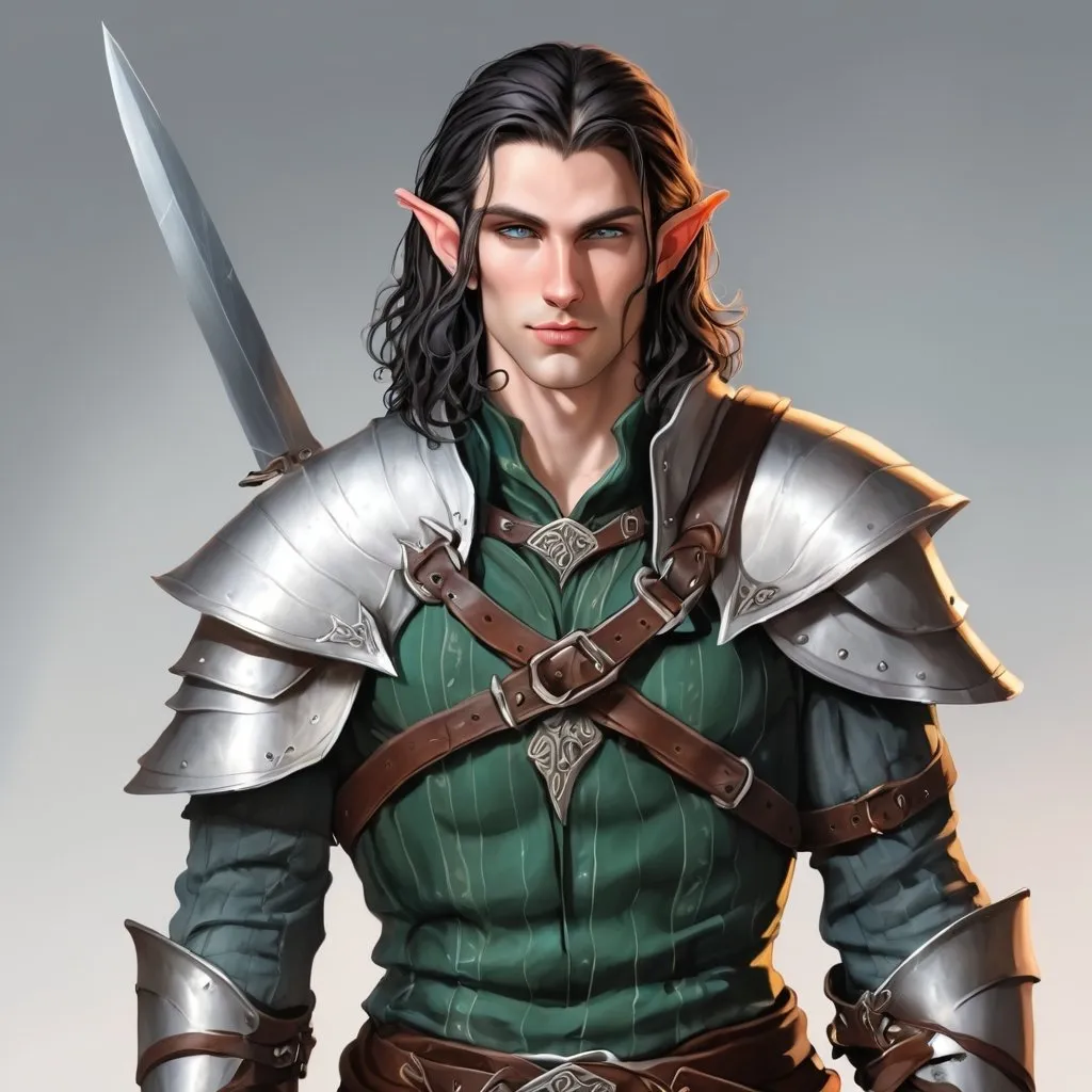 Good looking male rogue half elf with two daggers