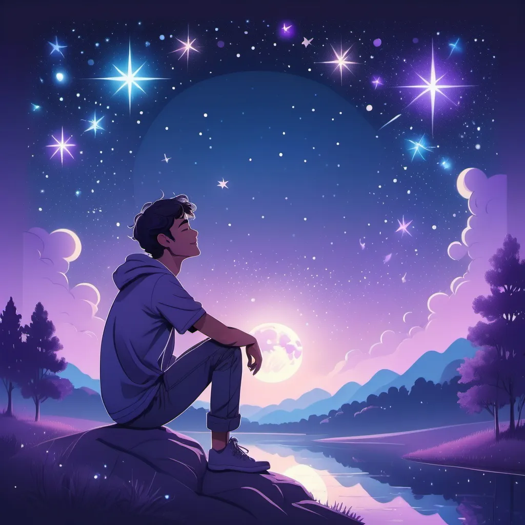 Prompt: (2D illustration) young man contemplating stars, smiling warmly, starry night sky, luminous stars twinkling above, serene atmosphere, gentle glowing moon, soft shades of blue and purple in the background, peaceful and reflective mood, enchanting lighting, capturing a moment of wonder and tranquility, stylish vector art design, high-quality, ultra-detailed.