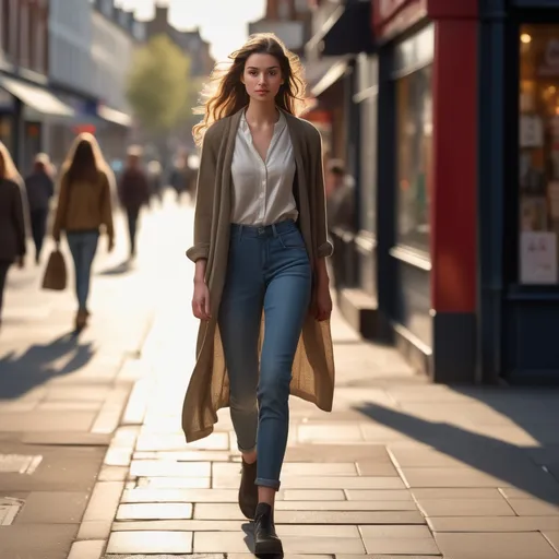 Prompt: Tall young woman walking down the high street, (realistic), (natural lighting), stylish detailed clothing, vibrant urban surroundings, bustling street atmosphere, softly blurred background, expressive gestures while walking, late afternoon light casting gentle shadows, enchanting city vibes, high-quality image, capturing the essence of modern life, inviting ambiance.