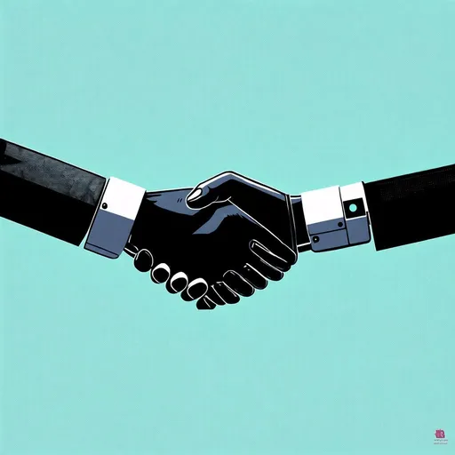 Prompt: minimalistic illustration of AI and human interaction, clean and modern design, human and robot shaking hands, subtle futuristic elements, high quality, AI-human interaction, clean lines, modern, futuristic, minimal color palette, professional lighting