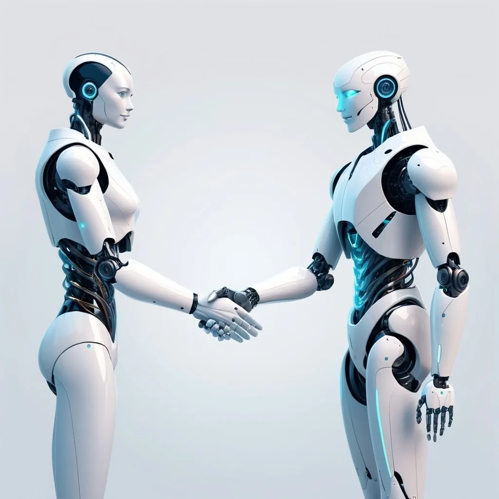 Prompt: illustration of AI and human interaction, clean and modern design, human and robot shaking hands, subtle futuristic elements, high quality, AI-human interaction, clean lines, modern, futuristic, minimal color palette, professional lighting