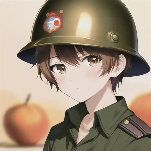 Prompt: Japan anime style, (masterpiece, best quality:1.2), illustration, absurdres, highres, extremely detailed, 1 (petite) boy, brown hair, vietnam war us marine uniform, detailed face, apricot color short, wear m1 helmet, pastel color, Depth of field, facing camera, upper body, cute, young