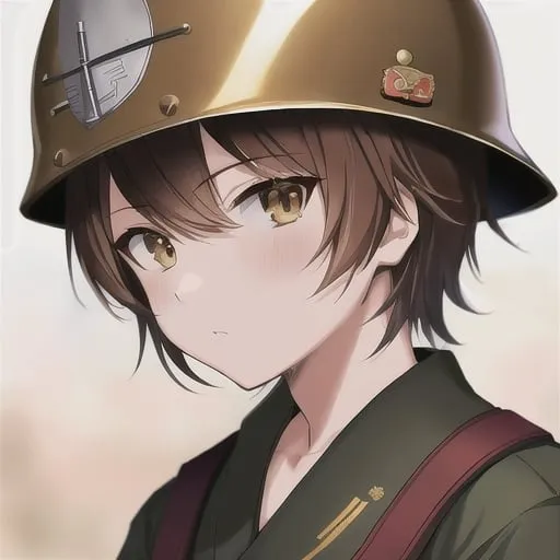 Prompt: Japan anime style, (masterpiece, best quality:1.2), illustration, absurdres, highres, extremely detailed, 1 (petite) boy, brown hair, vietnam war us marine uniform, detailed face, apricot color short, wear m1 helmet, pastel color, Depth of field, facing camera, upper body