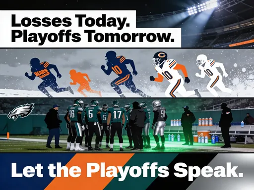 Prompt: Create a clean, bold carousel-style image series layout featuring two NFL teams: the Chicago Bears and the Philadelphia Eagles. Use a modern sports graphic aesthetic with sharp lines, high contrast, and team colors (Bears: navy, orange, white; Eagles: midnight green, black, silver). Include four connected panels:
Panel 1: Title card reading “Losses Today. Playoffs Tomorrow.” with dramatic stadium lighting.
Panel 2: Chicago Bears imagery—players in motion, gritty textures, cold winter atmosphere.
Panel 3: Philadelphia Eagles imagery—players regrouping, intense sideline energy, green lighting.
Panel 4: Unified end card with both team colors blending behind bold text: “Let the Playoffs Speak.”
No logos. No real player faces. Use stylized, non-specific athlete silhouettes.


