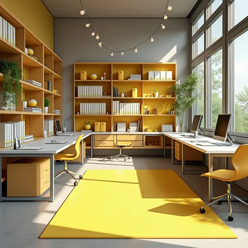 Prompt: Imagen profesional de un espacio de oficina moderno y organizado, con estantes y escritorios bien ordenados. Destacar cajas organizadoras, etiquetas visibles y material de oficina alineado. La paleta de colores debe incluir el amarillo vibrante #FFD100, transmitiendo energía, calidad e innovación. Incorporar el logo de Casujasa de forma sutil y elegante en una esquina.



