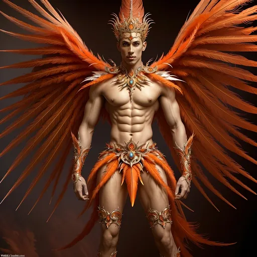 Prompt: full body shot fire king God in red and orange, coloured magic glow, whole body transparent light weight phoenix feathers but human, face as handsome as can be imagined human, diamond encrusted enchanted crystal thin gown, soft gold, white and orange shading, shaded features, detailed lean muscles covered in phoenix feathers, inspiration mythical phoenix full body shot photo of man phoenix king God in red and orange feathers, coloured serial magic glow, whole body phoenix feathers but human, face as handsome as can be imagined human, visible crusted enchanted crystal thin gown, soft gold, white and orange shading, shaded features, lean muscles covered in feathers, surrounded by controlled pulsing flames, realistic, hi-tech overall, intricate detail, show full body, isolated by high contrast red lightly clouded sunny background, wearing highest class lightweight royal clothing, surrounded in lashing controlled flames, realistic, hi-tech overall, intricate detail, show full body, isolated by high contrast cloudy red sunny background, wearing highest class royal lightweight clothing ready to soar into the sky, isolated on white bacckground.