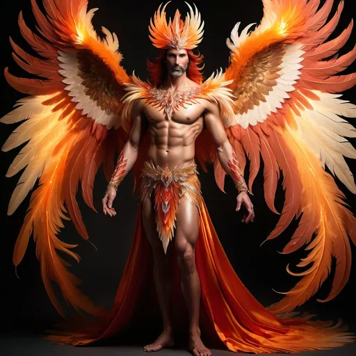 Prompt: full body shot fire king God in red and orange, coloured magic glow, whole body transparent light weight phoenix feathers but human, face as handsome as can be imagined human, diamond encrusted enchanted crystal thin gown, soft gold, white and orange shading, shaded features, detailed lean muscles covered in phoenix feathers, inspiration mythical phoenix full body shot photo of man phoenix king God in red and orange feathers, coloured serial magic glow, whole body phoenix feathers but human, face as handsome as can be imagined human, visible crusted enchanted crystal thin gown, soft gold, white and orange shading, shaded features, lean muscles covered in feathers, surrounded by controlled pulsing flames, realistic, hi-tech overall, intricate detail, show full body, isolated by high contrast red lightly clouded sunny background, wearing highest class lightweight royal clothing, surrounded in lashing controlled flames, realistic, hi-tech overall, intricate detail, show full body, isolated by high contrast cloudy red sunny background, wearing highest class royal lightweight clothing ready to soar into the sky, isolated on white bacckground.