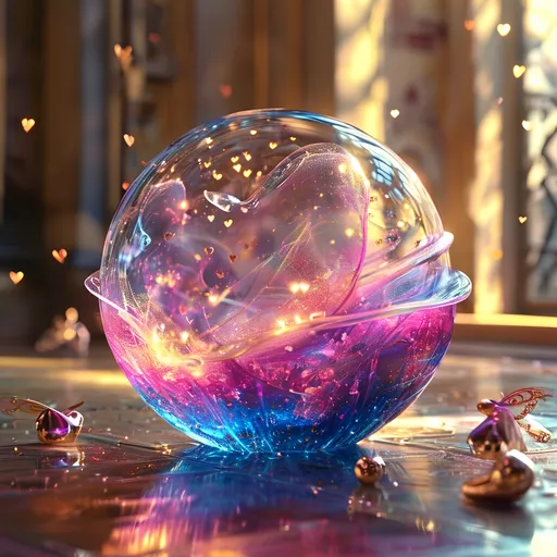 Prompt: Highly detailed gorgeous Glass_sphere with a magical_glowing_pink_liquid inside surrounded_by fairy dust, photorealistic gold and creamfairy filling the sphere, spectrum of Hearts, Love energy, ::Perfect_proportions, a masterpiece, 4k_resolution, fantasy_concept_art, dynamic_lighting, photorealistic, intricately_detailed, Splash screen art, deep_color, volumetric lighting,stunning, mythical fairy, energy,  molecular, textures, iridescent and luminescent, breathtaking beauty, pure perfection, divine presence, unforgettable, impressive, breathtaking beauty, Volumetric light, auras, rays, vivid golden of colors reflects