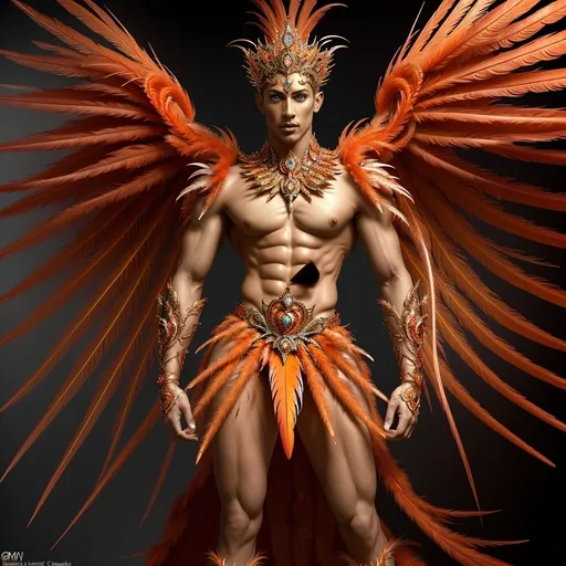 Prompt: full body shot fire king God in red and orange, coloured magic glow, whole body transparent light weight phoenix feathers but human, face as handsome as can be imagined human, diamond encrusted enchanted crystal thin gown, soft gold, white and orange shading, shaded features, detailed lean muscles covered in phoenix feathers, inspiration mythical phoenix full body shot photo of man phoenix king God in red and orange feathers, coloured serial magic glow, whole body phoenix feathers but human, face as handsome as can be imagined human, visible crusted enchanted crystal thin gown, soft gold, white and orange shading, shaded features, lean muscles covered in feathers, surrounded by controlled pulsing flames, realistic, hi-tech overall, intricate detail, show full body, isolated by high contrast red lightly clouded sunny background, wearing highest class lightweight royal clothing, surrounded in lashing controlled flames, realistic, hi-tech overall, intricate detail, show full body, isolated by high contrast cloudy red sunny background, wearing highest class royal lightweight clothing ready to soar into the sky, isolated on white bacckground.