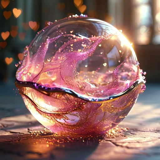 Prompt: Highly detailed gorgeous Glass_sphere with a magical_glowing_pink_liquid inside surrounded_by fairy dust, photorealistic gold and creamfairy filling the sphere, spectrum of Hearts, Love energy, ::Perfect_proportions, a masterpiece, 4k_resolution, fantasy_concept_art, dynamic_lighting, photorealistic, intricately_detailed, Splash screen art, deep_color, volumetric lighting,stunning, mythical fairy, energy,  molecular, textures, iridescent and luminescent, breathtaking beauty, pure perfection, divine presence, unforgettable, impressive, breathtaking beauty, Volumetric light, auras, rays, vivid golden of colors reflects