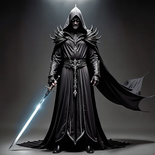 Prompt: king of darkness in battle apparel In long  medium dark black and dark grey robe with a long sword of magic , staff tip is dark grey and a dark black void.