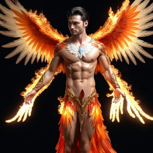 Prompt: Full body shot of a Phoenix King God, human with transparent lightweight phoenix feathers, glowing red and orange, detailed handsome face, diamond-crusted crystal gown with soft gold, white, and orange shading, lean muscles, surrounded by controlled pulsing flames. High-tech, intricate, realistic, high-class royal clothing, isolated on a white background with high contrast cloudy red sunny backdrop.