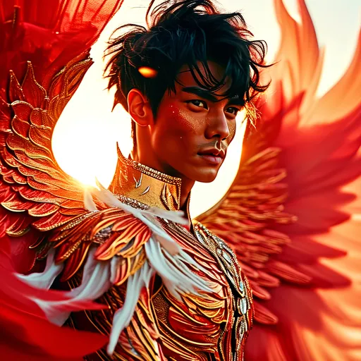 Prompt: full body shot photo of man fire king God in red and orange, coloured magic glow, whole body transparent light weight phoenix feathers but human, face as handsome as can be imagined human, diamond encrusted enchanted crystal thin gown, soft gold, white and orange shading, shaded features, detailed lean muscles covered in phoenix feathers, inspiration mythical phoenix full body shot photo of man phoenix king God in red and orange feathers, coloured serial magic glow, whole body phoenix feathers but human, face as handsome as can be imagined human, visible crusted enchanted crystal thin gown, soft gold, white and orange shading, shaded features, lean muscles covered in feathers, surrounded by controlled pulsing flames, realistic, hi-tech overall, intricate detail, show full body, isolated by high contrast red lightly clouded sunny background, wearing highest class lightweight royal clothing, surrounded in lashing controlled flames, realistic, hi-tech overall, intricate detail, show full body, isolated by high contrast cloudy red sunny background, wearing highest class royal lightweight clothing ready to soar into the sky