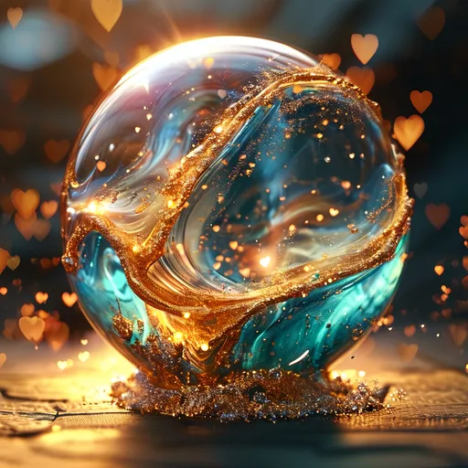 Prompt: Highly detailed gorgeous Glass_sphere with a magical_glowing_golden_liquid inside surrounded_by fairy dust, photorealistic gold and cream fairy filling the sphere, spectrum of Hearts, Love energy, ::Perfect_proportions, a masterpiece, 4k_resolution, fantasy_concept_art, dynamic_lighting, photorealistic, intricately_detailed, Splash screen art, deep_color, volumetric lighting,stunning, mythical fairy, energy,  molecular, textures, iridescent and luminescent, breathtaking beauty, pure perfection, divine presence, unforgettable, impressive, breathtaking beauty, Volumetric light, auras, rays, vivid golden of colors reflects