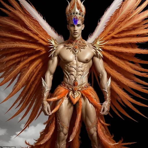 Prompt: full body shot fire king God in red and orange, coloured magic glow, whole body transparent light weight phoenix feathers but human, face as handsome as can be imagined human, diamond encrusted enchanted crystal thin gown, soft gold, white and orange shading, shaded features, detailed lean muscles covered in phoenix feathers, inspiration mythical phoenix full body shot photo of man phoenix king God in red and orange feathers, coloured serial magic glow, whole body phoenix feathers but human, face as handsome as can be imagined human, visible crusted enchanted crystal thin gown, soft gold, white and orange shading, shaded features, lean muscles covered in feathers, surrounded by controlled pulsing flames, realistic, hi-tech overall, intricate detail, show full body, isolated by high contrast red lightly clouded sunny background, wearing highest class lightweight royal clothing, surrounded in lashing controlled flames, realistic, hi-tech overall, intricate detail, show full body, isolated by high contrast cloudy red sunny background, wearing highest class royal lightweight clothing ready to soar into the sky, isolated on white bacckground.