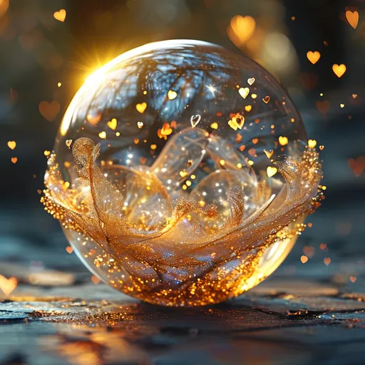 Prompt: Highly detailed gorgeous Glass_sphere with a magical_glowing_golden_liquid inside surrounded_by fairy dust, photorealistic gold and creamfairy filling the sphere, spectrum of Hearts, Love energy, ::Perfect_proportions, a masterpiece, 4k_resolution, fantasy_concept_art, dynamic_lighting, photorealistic, intricately_detailed, Splash screen art, deep_color, volumetric lighting,stunning, mythical fairy, energy,  molecular, textures, iridescent and luminescent, breathtaking beauty, pure perfection, divine presence, unforgettable, impressive, breathtaking beauty, Volumetric light, auras, rays, vivid golden of colors reflects