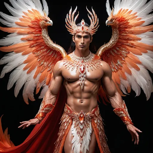 Prompt: full body shot fire king God in red and orange, coloured magic glow, whole body transparent light weight phoenix feathers but human, face as handsome as can be imagined human, diamond encrusted enchanted crystal thin gown, soft gold, white and orange shading, shaded features, detailed lean muscles covered in phoenix feathers, inspiration mythical phoenix full body shot photo of man phoenix king God in red and orange feathers, coloured serial magic glow, whole body phoenix feathers but human, face as handsome as can be imagined human, visible crusted enchanted crystal thin gown, soft gold, white and orange shading, shaded features, lean muscles covered in feathers, surrounded by controlled pulsing flames, realistic, hi-tech overall, intricate detail, show full body, isolated by high contrast red lightly clouded sunny background, wearing highest class lightweight royal clothing, surrounded in lashing controlled flames, realistic, hi-tech overall, intricate detail, show full body, isolated by high contrast cloudy red sunny background, wearing highest class royal lightweight clothing ready to soar into the sky, isolated on white bacckground.