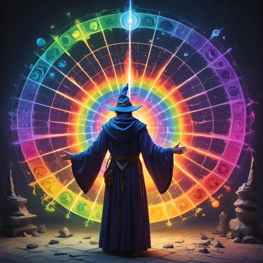 Prompt: mage surround by an array of a spectrum of magical colours