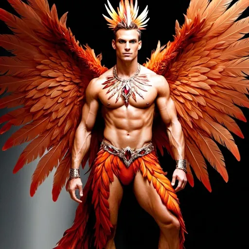 Prompt: full body shot fire king God in red and orange, coloured magic glow, whole body transparent light weight phoenix feathers but human, face as handsome as can be imagined human, diamond encrusted enchanted crystal thin gown, soft gold, white and orange shading, shaded features, detailed lean muscles covered in phoenix feathers, inspiration mythical phoenix full body shot photo of man phoenix king God in red and orange feathers, coloured serial magic glow, whole body phoenix feathers but human, face as handsome as can be imagined human, visible crusted enchanted crystal thin gown, soft gold, white and orange shading, shaded features, lean muscles covered in feathers, surrounded by controlled pulsing flames, realistic, hi-tech overall, intricate detail, show full body, isolated by high contrast red lightly clouded sunny background, wearing highest class lightweight royal clothing, surrounded in lashing controlled flames, realistic, hi-tech overall, intricate detail, show full body, isolated by high contrast cloudy red sunny background, wearing highest class royal lightweight clothing ready to soar into the sky, isolated on white bacckground.