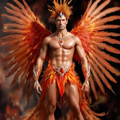 Prompt: full body shot fire king God in red and orange, coloured magic glow, whole body transparent light weight phoenix feathers but human, face as handsome as can be imagined human, diamond encrusted enchanted crystal thin gown, soft gold, white and orange shading, shaded features, detailed lean muscles covered in phoenix feathers, inspiration mythical phoenix full body shot photo of man phoenix king God in red and orange feathers, coloured serial magic glow, whole body phoenix feathers but human, face as handsome as can be imagined human, visible crusted enchanted crystal thin gown, soft gold, white and orange shading, shaded features, lean muscles covered in feathers, surrounded by controlled pulsing flames, realistic, hi-tech overall, intricate detail, show full body, isolated by high contrast red lightly clouded sunny background, wearing highest class lightweight royal clothing, surrounded in lashing controlled flames, realistic, hi-tech overall, intricate detail, show full body, isolated by high contrast cloudy red sunny background, wearing highest class royal lightweight clothing ready to soar into the sky, isolated on white bacckground.