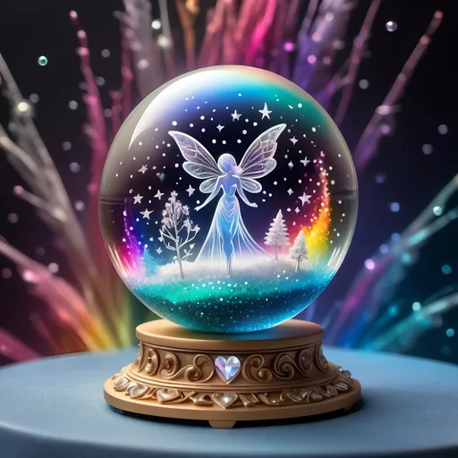 Prompt: On backdrop of tiny stars and encrusted diamond a Highly detailed photorealistic gorgeous etched crystal sphere which fills the canvas sitting on a tiny stand the heart has a realistic full bodied frozen fairy inside of perfect proportions magical glowing liquid inside heart surrounded by fine glittery diamond encrusted dust rainbow is photorealistic has vibrant spectrum colors and detailed features, ethereal beauty, magical atmosphere, glittery spectrum background within the heart, glittery energy glowing white, in silver and white.