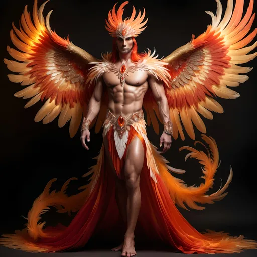 Prompt: full body shot fire king God in red and orange, coloured magic glow, whole body transparent light weight phoenix feathers but human, face as handsome as can be imagined human, diamond encrusted enchanted crystal thin gown, soft gold, white and orange shading, shaded features, detailed lean muscles covered in phoenix feathers, inspiration mythical phoenix full body shot photo of man phoenix king God in red and orange feathers, coloured serial magic glow, whole body phoenix feathers but human, face as handsome as can be imagined human, visible crusted enchanted crystal thin gown, soft gold, white and orange shading, shaded features, lean muscles covered in feathers, surrounded by controlled pulsing flames, realistic, hi-tech overall, intricate detail, show full body, isolated by high contrast red lightly clouded sunny background, wearing highest class lightweight royal clothing, surrounded in lashing controlled flames, realistic, hi-tech overall, intricate detail, show full body, isolated by high contrast cloudy red sunny background, wearing highest class royal lightweight clothing ready to soar into the sky, isolated on white bacckground.