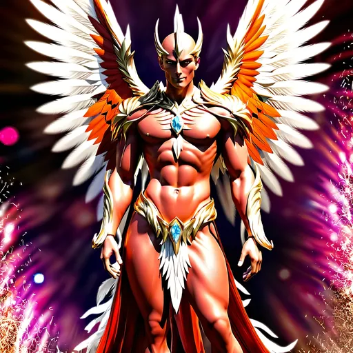 Prompt: full body shot fire king God in red and orange, coloured magic glow, whole body transparent light weight phoenix feathers but human, face as handsome as can be imagined human, diamond encrusted enchanted crystal thin gown, soft gold, white and orange shading, shaded features, detailed lean muscles covered in phoenix feathers, inspiration mythical phoenix full body shot photo of man phoenix king God in red and orange feathers, coloured serial magic glow, whole body phoenix feathers but human, face as handsome as can be imagined human, visible crusted enchanted crystal thin gown, soft gold, white and orange shading, shaded features, lean muscles covered in feathers, surrounded by controlled pulsing flames, realistic, hi-tech overall, intricate detail, show full body, isolated by high contrast red lightly clouded sunny background, wearing highest class lightweight royal clothing, surrounded in lashing controlled flames, realistic, hi-tech overall, intricate detail, show full body, isolated by high contrast cloudy red sunny background, wearing highest class royal lightweight clothing ready to soar into the sky, isolated on white bacckground.