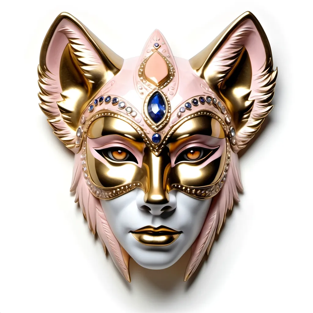 Prompt: behind mask a face of a ready warrior, eyes and pupils detailed, (glowing detailed eyes of a hybrid human ware wolf, light pink and peach and gold detail), mask covers face feminine face, the mask a gold and cream, diamond encrusted covering, finished with a sapphires encrusted finish