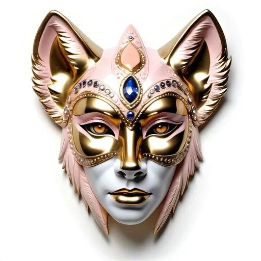 Prompt: behind mask a face of a ready warrior, eyes and pupils detailed, (glowing detailed eyes of a hybrid human ware wolf, light pink and peach and gold detail), mask covers face feminine face, the mask a gold and cream, diamond encrusted covering, finished with a sapphires encrusted finish