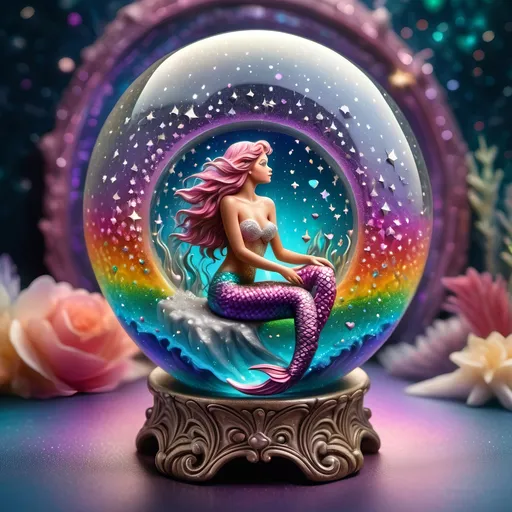 Prompt: On backdrop of tiny stars and encrusted diamond a Highly detailed photorealistic gorgeous etched crystal sphere which fills the canvas sitting on a tiny stand the heart has a realistic full bodied mermaid inside of perfect proportions magical glowing liquid inside heart surrounded by fine glittery diamond encrusted dust rainbow is photorealistic has vibrant spectrum colors and detailed features, ethereal beauty, magical atmosphere, glittery spectrum background within the heart, glittery energy glowing white, in silver and white.