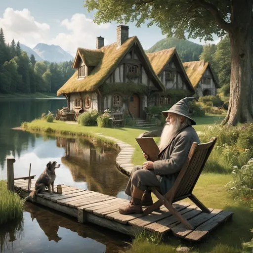 Prompt: A cottage by a lake and forest, very idyllic. Lord of the rings inspired peace. Outside is an elderly gentleman, here after referrred to as the man. The man is dressed as a wizard with an old hat and a long grey beard. The man is sitting in a lawn chair made of wood while fishing in the lake from a small peer. Next to the man is an old scruffy dog. There is only a single man in this image.