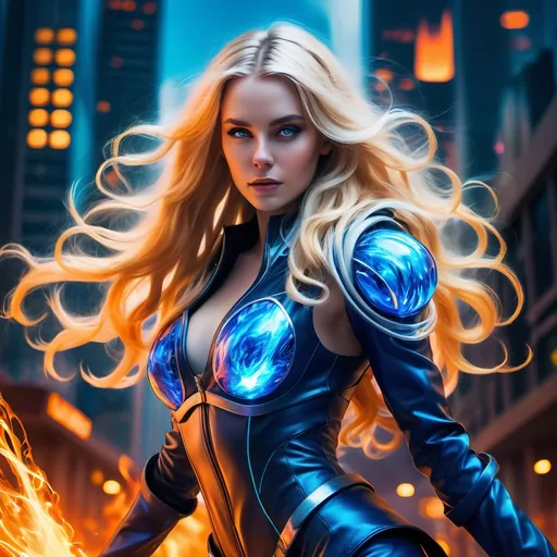 Prompt: lady Firemage Alice in a (futuristic) tight, sci-fi outfit, (long blond wavy hair) flowing dramatically, surrounded by sparkling flames, vibrant colors of blue and orange infusing the atmosphere, captivating gaze filled with intensity, bold and powerful stance, sci-fi city skyline in the background, (ultra-detailed) and (high quality) visual. standing on a starship at dock