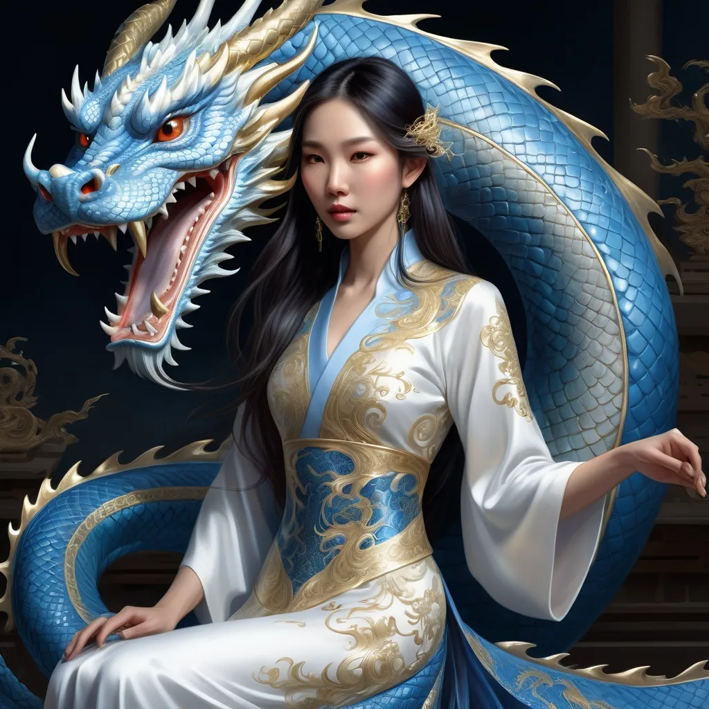 Prompt: Fantasy illustration of an Asian woman with long dark hair, petting a majestic blue dragon, the dragon is in Japanese art style, flowing white dress with intricate gold patterns, mythical fantasy setting, detailed facial features, highres, fantasy, detailed hair, elegant, majestic dragon, mythical, flowing dress, gold patterns, detailed illustration, professional, enchanting lighting