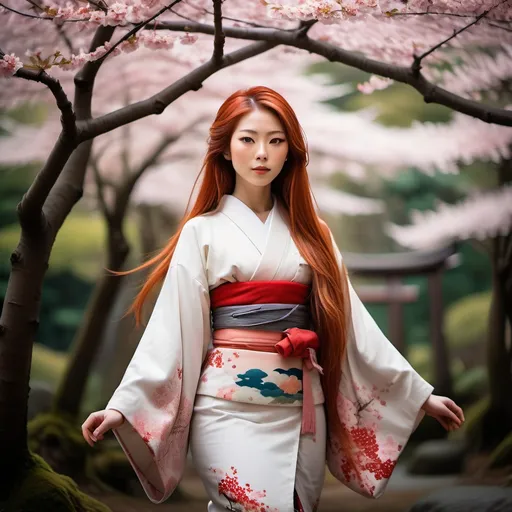 Prompt: Japanese woman in a kimono, serene forest setting, full-body shot, long red hair, open eyes, detailed, traditional Japanese art style, vibrant colors, peaceful atmosphere, cherry blossom trees, elegant pose, long flowing sleeves, serene expression, atmospheric lighting, professional, epic