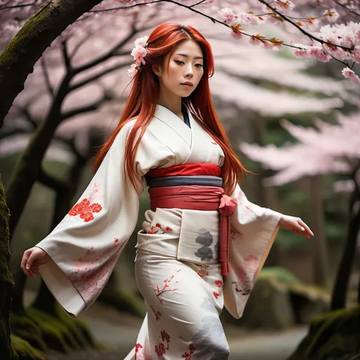 Prompt: Japanese woman in a kimono, serene forest setting, full-body shot, long red hair, open eyes, detailed, traditional Japanese art style, vibrant colors, peaceful atmosphere, cherry blossom trees, elegant pose, long flowing sleeves, serene expression, atmospheric lighting, professional, epic