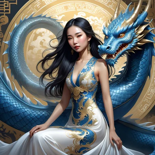 Prompt: Fantasy illustration of an Asian woman with long dark hair, petting a majestic blue dragon, the dragon is in Japanese art style, flowing white dress with intricate gold patterns, mythical fantasy setting, detailed facial features, highres, fantasy, detailed hair, elegant, majestic dragon, mythical, flowing dress, gold patterns, detailed illustration, professional, enchanting lighting