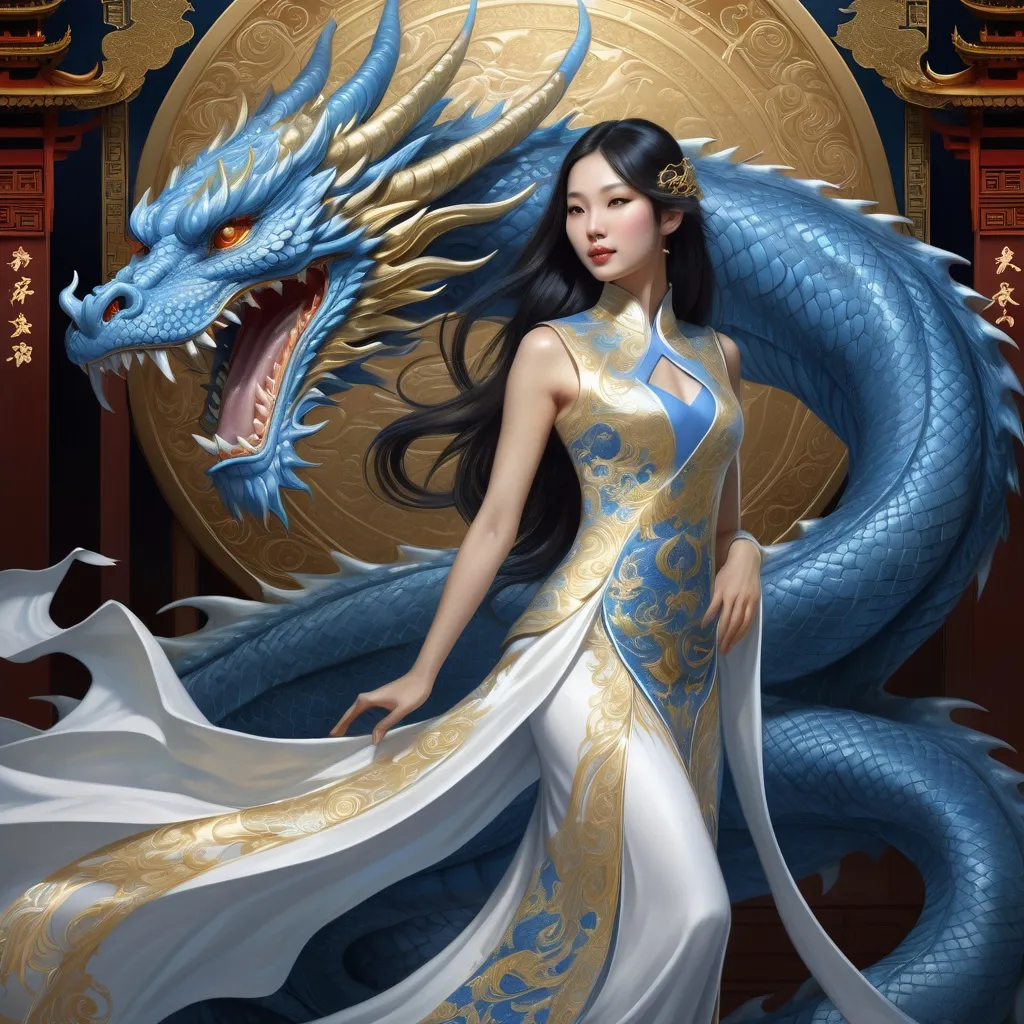 Prompt: Fantasy illustration of an Asian woman with long dark hair, petting a majestic blue dragon, the dragon is in Japanese art style, flowing white dress with intricate gold patterns, mythical fantasy setting, detailed facial features, highres, fantasy, detailed hair, elegant, majestic dragon, mythical, flowing dress, gold patterns, detailed illustration, professional, enchanting lighting