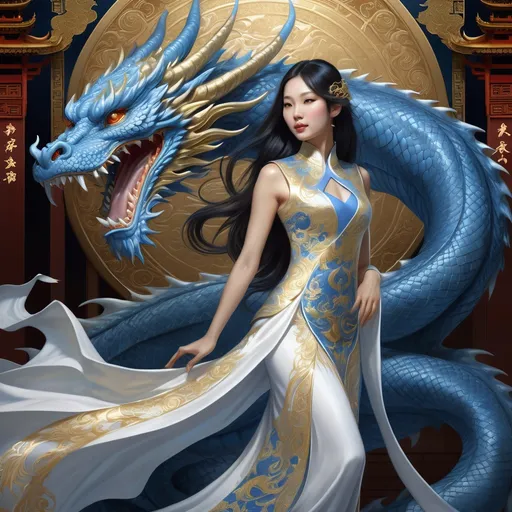 Prompt: Fantasy illustration of an Asian woman with long dark hair, petting a majestic blue dragon, the dragon is in Japanese art style, flowing white dress with intricate gold patterns, mythical fantasy setting, detailed facial features, highres, fantasy, detailed hair, elegant, majestic dragon, mythical, flowing dress, gold patterns, detailed illustration, professional, enchanting lighting