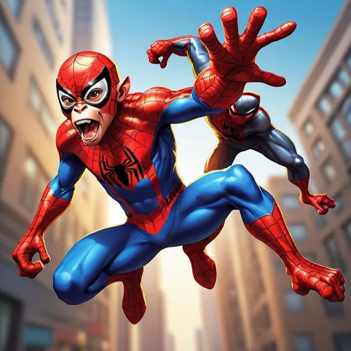 Prompt: Flying monkey and Spiderman, comic art style, dynamic action pose, vibrant colors, high quality, detailed fur and costume, intense expression, mid-air battle, fun and energetic, comic book illustration, superhero, intense lighting, bright color palette, highres, dynamic, action-packed